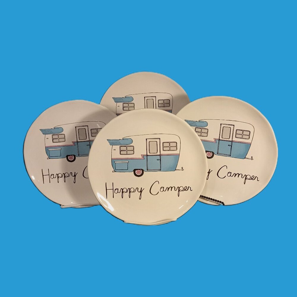 Four Happy Camper Dishes, just a delight. Original labels on 3 of them. So Cute!
